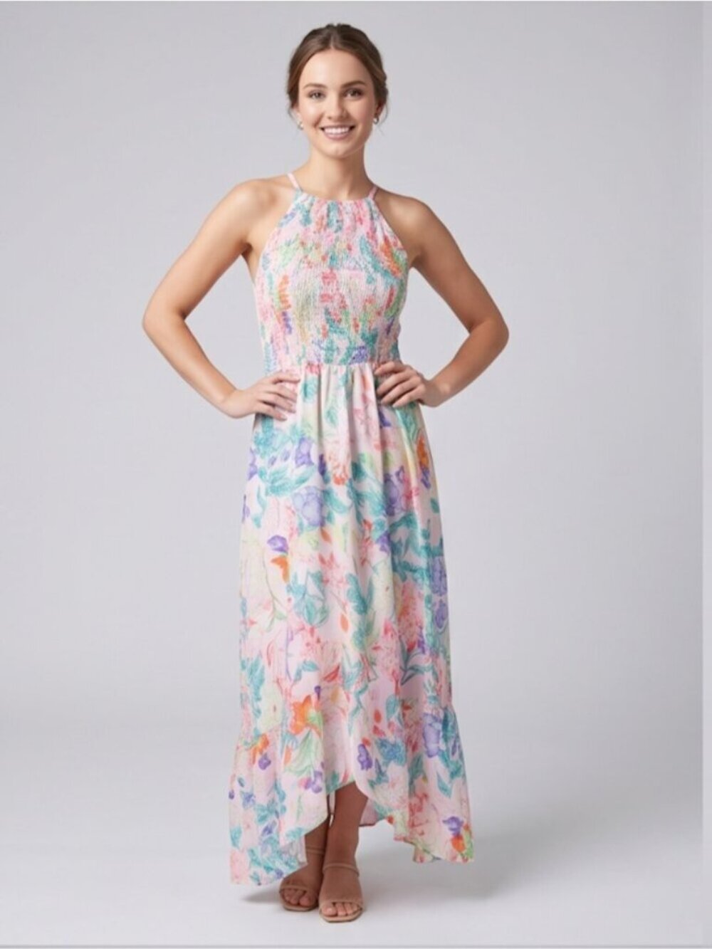 Floral Print Ruffle Asymmetrical Hem Shirred Cami Dress